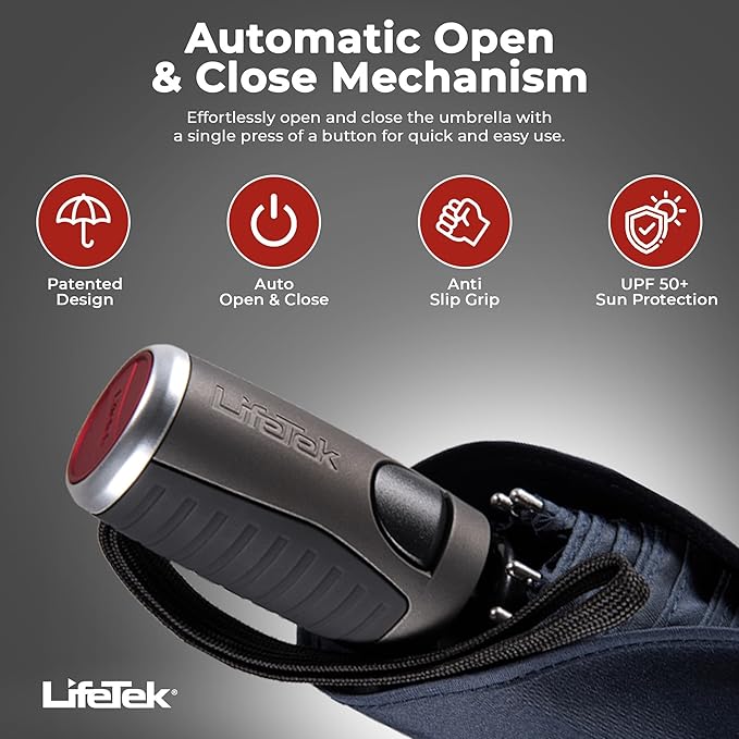 LifeTek Premium Travel Umbrella - Windproof & Compact for Men & Women, Automatic Open Close, Fits in Purse Laptop Bag or Backpack, Strong Frame for Heavy Rain & Sun UV Protection