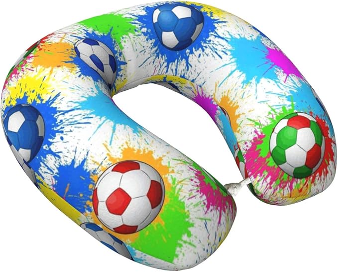 Comfortable Memory Foam Neck Pillow Splash Ink Colorful Paint Football Soccer, Travel U Shaped Airplane/Car/Flight Pillows with Removable Zipper Cover, Chin Head Neck Support Cushion