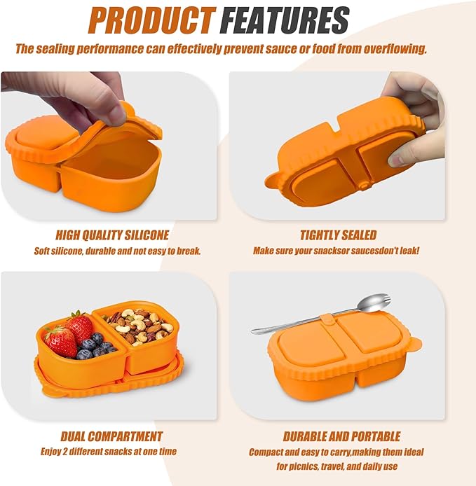 2 Pack Reusable Silicone Snack Containers With Lids, 8.5oz Two Compartment Snack Container, Snack Containers With Lids, Leakproof Snackle Boxes For Travel, Picnics (White, Yello)