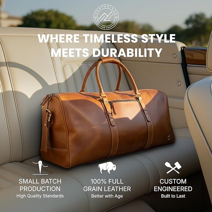 Premium Full-Grain Leather Duffle Bag for Men & Women | 24-Inch Handcrafted Weekender Travel Bag with Multiple Pockets & Compartments by Northridge Leather (Tan)
