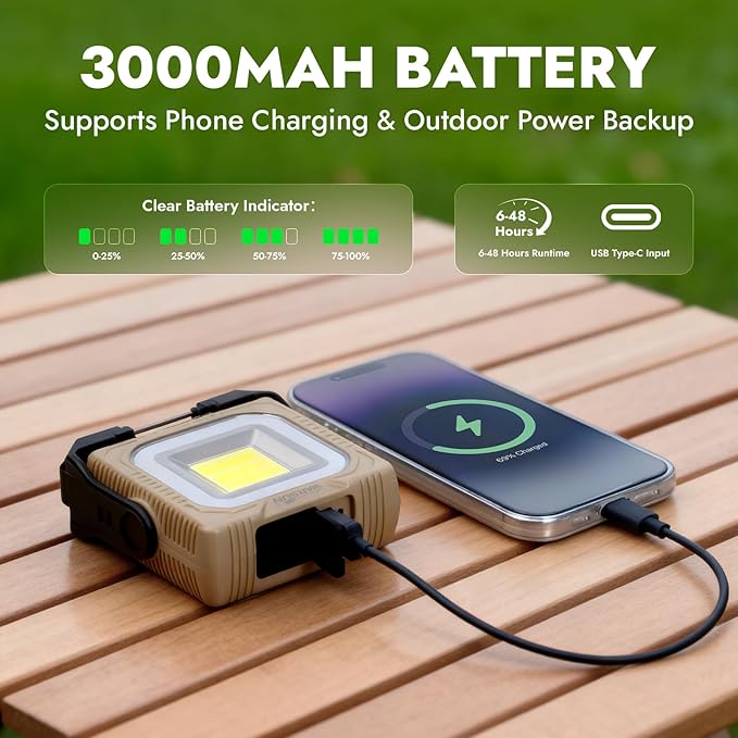 WARSUN 1000 Lumens Rechargeable Work Light – Portable LED Camping Lantern with Tripod Mount, Type-C Charging, Magnetic Base, Hanging Hook, Multi Lighting Modes,for Outdoor,Hiking,Camping