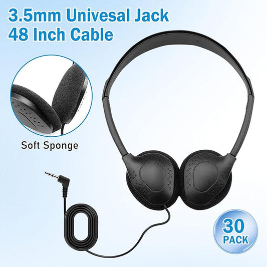 30 Pack Classroom Headphones for Kids, Bulk Headphones for Classroom Wired Over The Ear Headphones Adjustable with 3.5 mm Jack for School Library Student Children