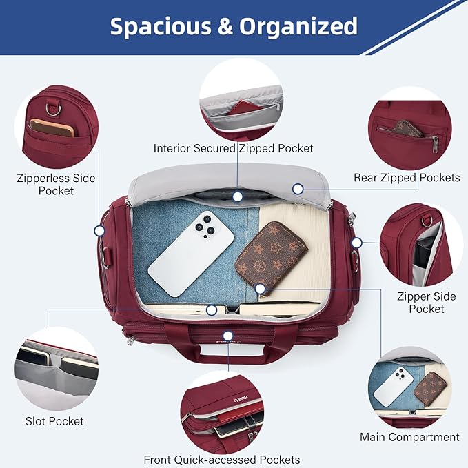 HanTrip Carry on Duffel Bag Foldable Duffle Bags for Travel, Under Seat Personal Item Bags for Airplanes, Weekender Overnight Mens Travel Tote Bag for Women Small Softside Carry on Luggage (Burgundy)