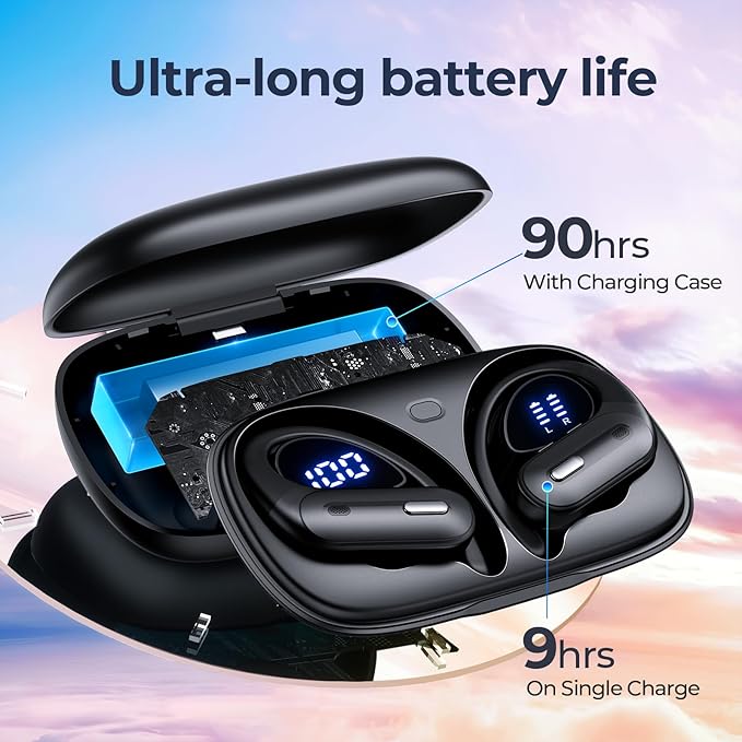 Active Noise Cancelling Wireless Earbuds Bluetooth Headphones 90 Hrs Playtime Ear Buds with Hi-Res Stereo Deep Bass Power Display Earphones with Earhooks Waterproof Transparency Headset for Sports/Gym