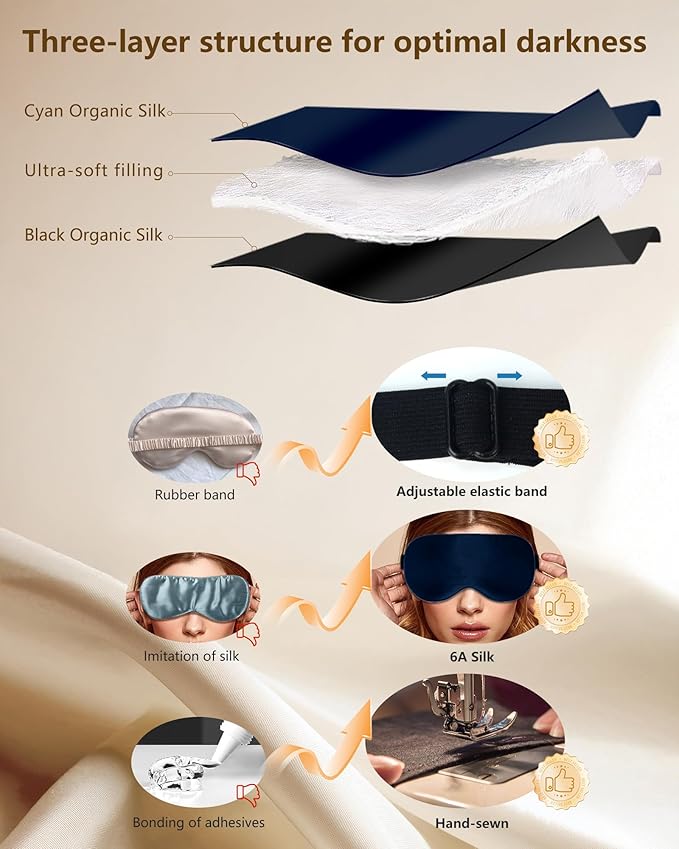 Silk Eye Mask for Sleeping - Soft Breathable Organic Natural Mulberry Silk Fabric Blackout Sleep Mask with Adjustable Straps No Pressure Eye Mask for Travel Essentials Gifts (Navy Blue)