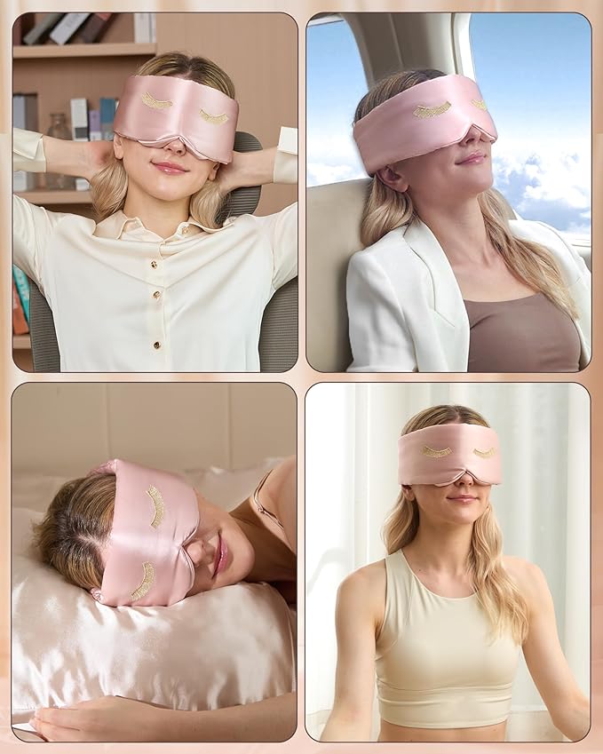 BeeVines Pure Silk 3D Sleep Mask for Women, Luxury 100% 22 Momme Mulberry Silk 3D Contoured Eye Mask for Lash Extensions, Zero Eye Pressure & Blackout Blindfold for Sleeping, with Adjustable Band