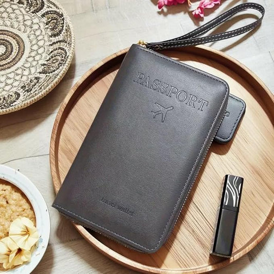 Multi-Functional RFID Passport Wallet,Travel Wallet for Men & Women,With zipper, anti-theft passport holder，Slim Leather Cover for Credit Cards, Tickets, Cash (Grey)