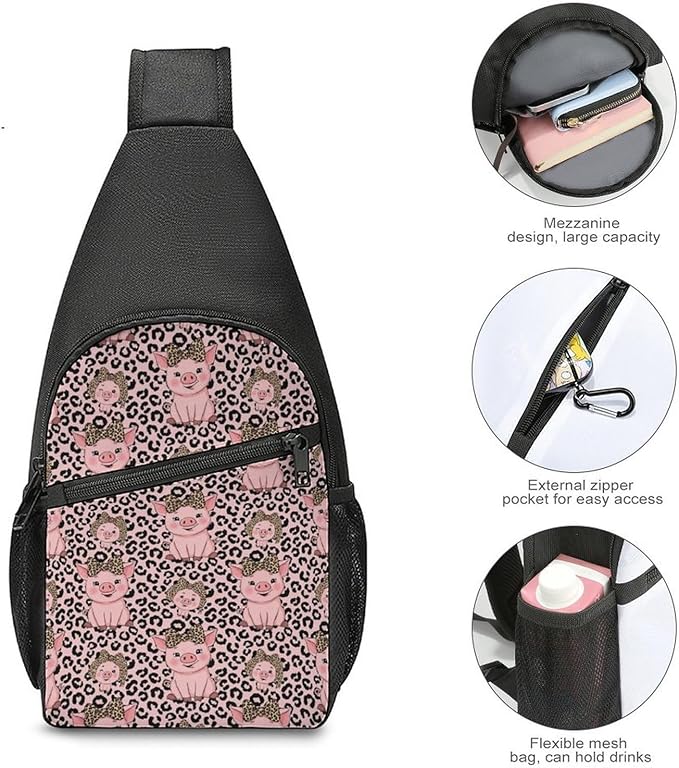 SWEET TANG Sling Backpack for Women, Cute Multipurpose Crossbody Shoulder Bag, Comfortable and Lightweight Adjustable Travel Hiking Daypack Cute Pig Leopard Print Pink