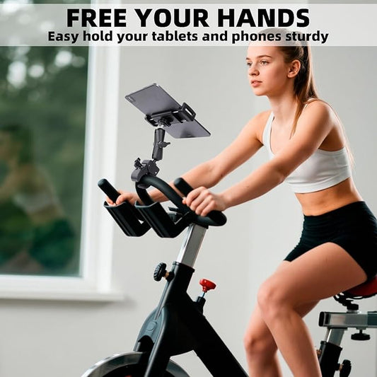Spin Bike Tablet Holder for iPad, Phone Holder Stand Exercise Bike Handlebar Mount for Treadmill Stationary Bicycle Elliptical Spin Bike Stroller Mic Stand, Compatible with iPad, iPhone (4.7-13")