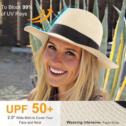 DRESHOW Women Straw Panama Hat Travel Fedora Beach Sun Hat Summer Wide Brim Straw Roll up Hat UPF 50+