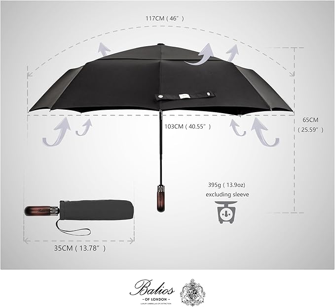 Balios Travel Folding Umbrella with Real Wood Handle Auto Open Close Vented Windproof Canopy - Designed in UK
