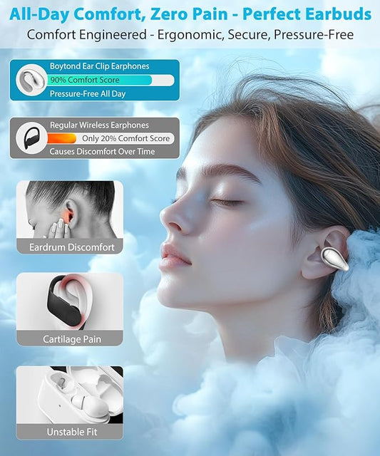 Ultra Open Ear Earbuds - Ergonomic Clip-On Earbuds, Bone Conduction Over-The-Ear Headphones with Waterproof Design and Secure Fit for Small Ears, Crystal Silver