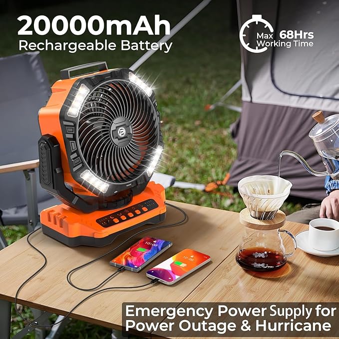 20000mAh Camping Fan with Light - 12in Rechargeable Battery Powered Fan (68H Cool Max), 90°Auto Oscillating with Remote & Hook, 4 Speeds & Timers for Outdoor/Patio/Garage/Jobsite/Hurricane/Outage