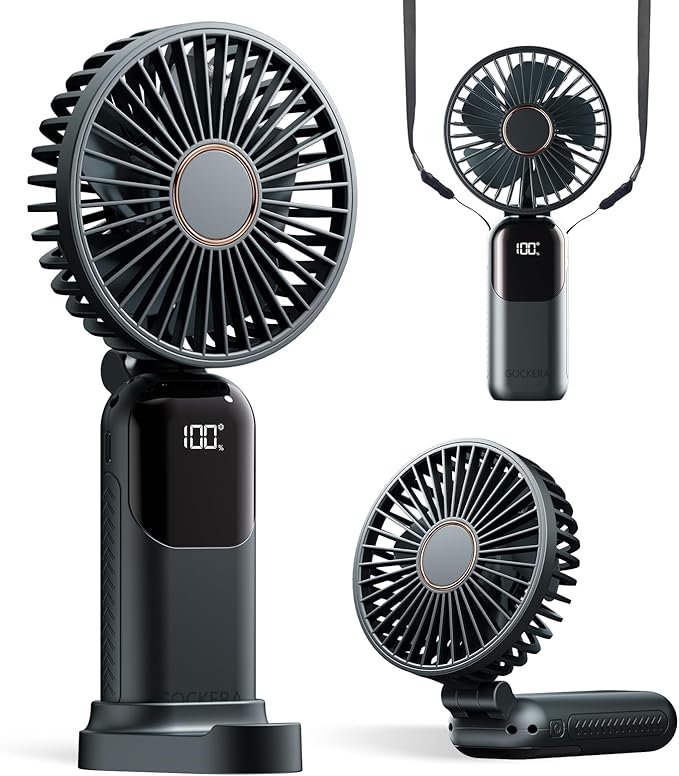 Portable Fan, 4200mAh Battery Operated Fan, 5 Speeds&Digital Display, Makeup Fans for Women with Base, 180°Foldable 3in1 Handheld/Neck/Desk Fan for Outdoor Indoor,Ultra Quiet (Black)
