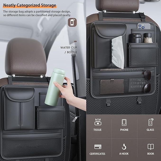 RAKSONIC Backseat Car Organizer,5 Storage Pocketscar Seat Organizer,Car Storage Organizer with Foldable Food Tray,Car Seat Back Protectors Kick Mats Travel Accessories