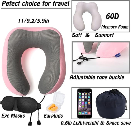 Travel Pillow,Travel Neck Pillows for Sleeping,100% Pure Memory Foam Soft Comfort & Support Pillow for Airplane/Car/Office&Home Rest Use-Pink