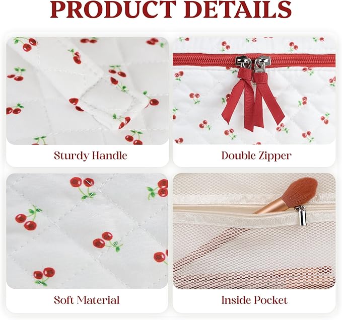 Prite Large Makeup Bag for Women Quilted Floral Cotton Cosmetic Bag Cute Coquette Aesthetic Floral Travel Toiletry Bag (Red Berries)