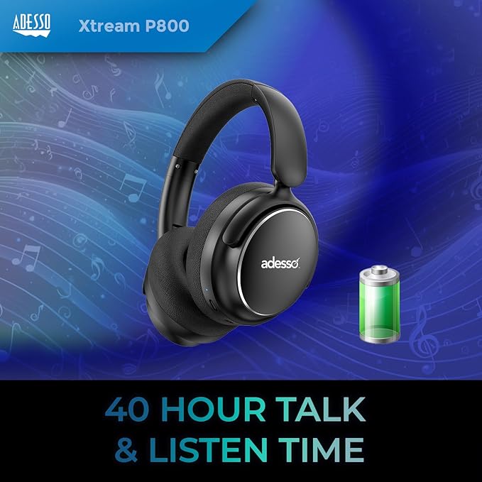 Adesso Xtream P800 Bluetooth Headphones with Active Noise Cancellation, Built-in Mic, 40H Battery, 3.5mm AUX, Foldable, for PC, Laptop, Mobile Devices