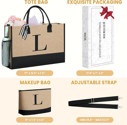 BAGAIL Initial Tote Bag, Personalized Birthday Gifts for Women, Teacher, Friends, Mom, Wedding, Monogrammed Beach Bag