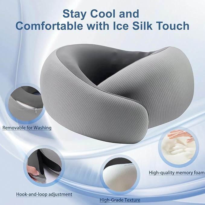 Neck Pillow for Traveling,Travel Neck Pillow for Airplanes,Portable,Smooth & Cooling Fabric,100% Pure Memory Foam,Neck Pain Relief with Breathable 360º Ergonomic Support for Long Flight(Gray)
