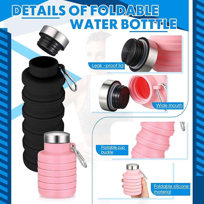Baderke 2 Pcs Collapsible Water Bottles 17oz Silicone Travel Foldable Portable Water Bottle with Buckle Silicone Lightweight Reusable Leakproof for Camping Hiking Cycling Sport(Pink, Black)