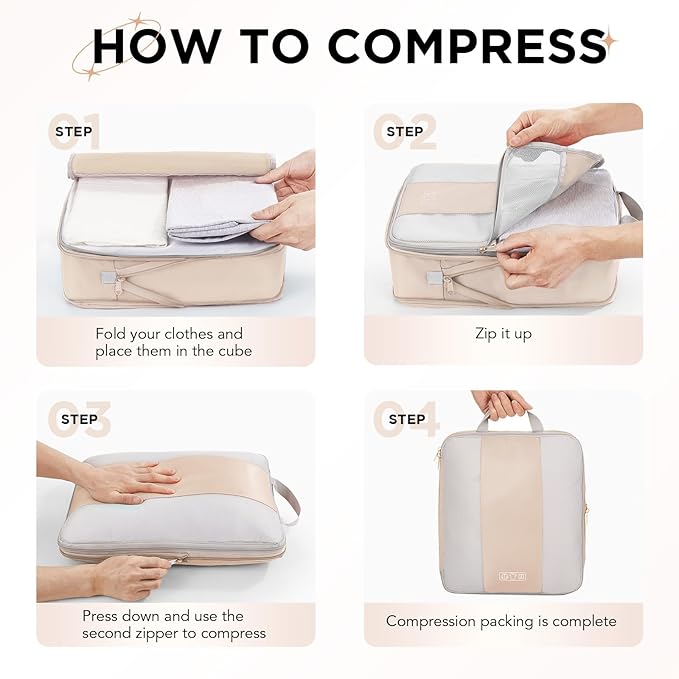 8 Set Compression Packing Cubes for Travel Essentials,Compressible Expandable Packing Cubes for Suitcase,OlarHike Luggage Organizer Bags for Travel,Handy Helper for Organizing Clothes(Beige)
