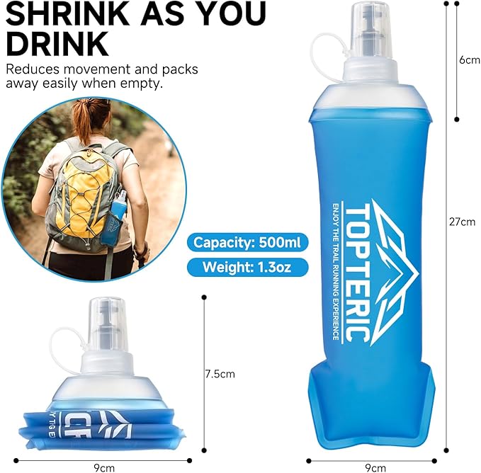 Collapsible Soft Flask Water Bottle, TPU Soft Folding Flexible Water Bottles for Hydration Pack/Running Vest, BPA/PVC Free, Ideal for Running Hiking Cycling Climbing (500ml)