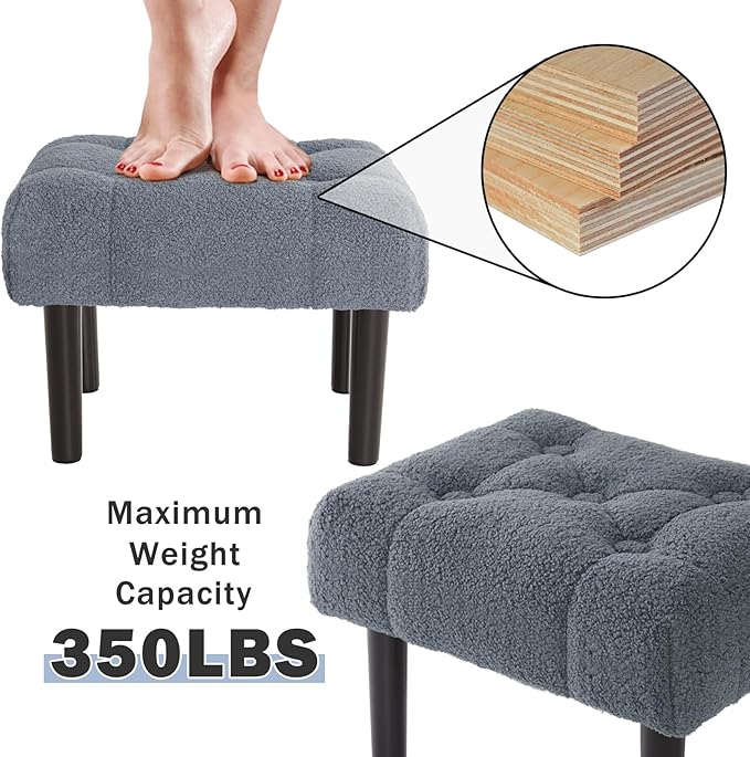 HOUCHICS Fur Padded Foot Stool, Small Ottoman Rest with Wooden Legs, Modern Rectangle Chair Rest for Living Room, Couch, Desk (Grey)