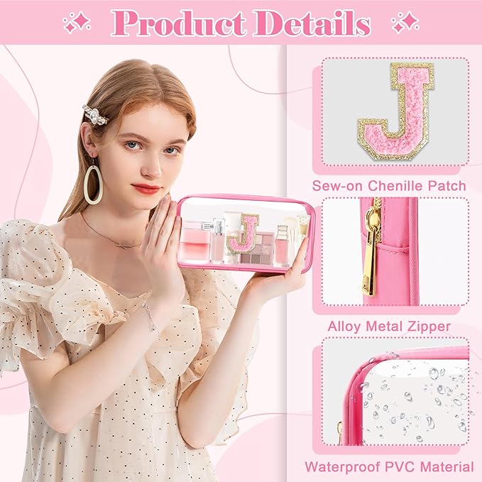 Personalized Initial Letter Clear Makeup Bag,Preppy Small Nylon&PVC Cosmetic Zipper Bag with Chenille Letter,Portable Beach Travel Skincare Toiletry Bag,Trendy Monogram Gift for Teen Girls Women,J