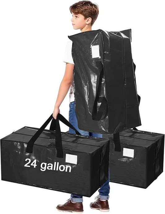 4 Pcs 24 Gallon Large Moving Bags with Zipper and Handles Foldable Storage Duffle Bags Heavy Duty Extra Large Totes for College Dorm Travel Clothes Blankets Bedding Moving (Black)