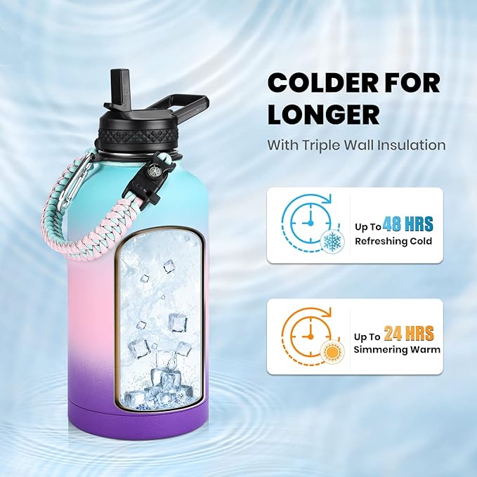 Insulated Water Bottle 64 oz, Triple Wall Vacuum Stainless Steel (Cold for 48 Hrs), Leak Proof & Non-BPA, Half Gallon Water Flask Jug with Paracord Handle & Straw Spout Lids, Hydrangea