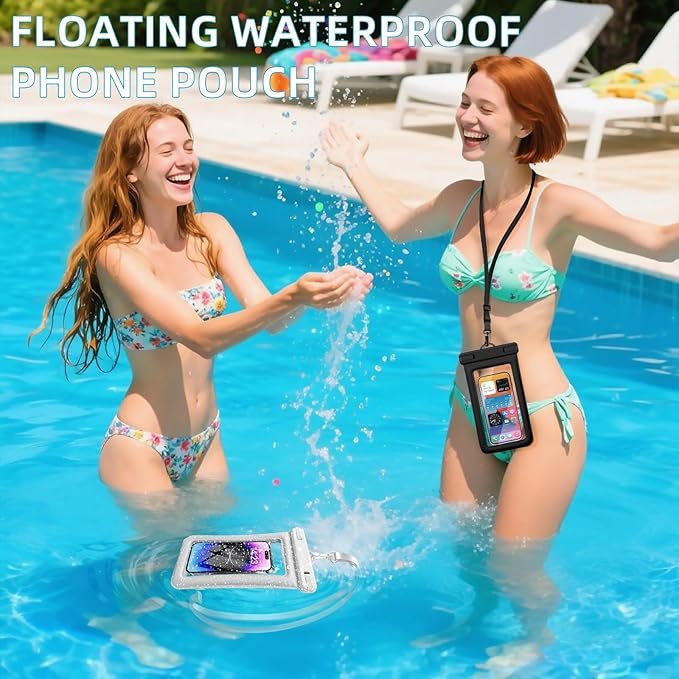 IPX8 Floating Waterproof Phone Pouch 2-Pack,7.2 Inch Waterproof Dry Bag16/15/14 Pro Max Galaxy S24/S23 Adjustable Lanyard + Wrist Strap Beach Swimming Travel Essentials Black White