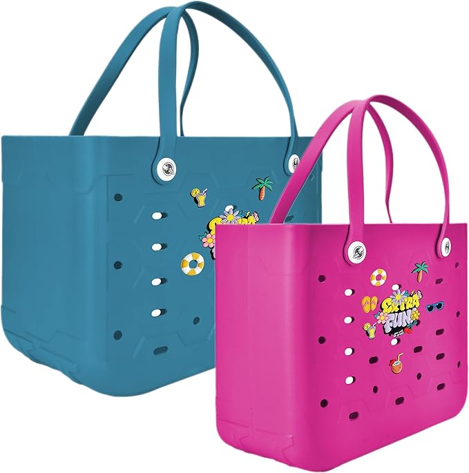 2-Piece Tote Bag Set, Waterproof Rubber Beach Bag with Summer Pattern, Medium & Large Handbag for Pool, Beach, Boat