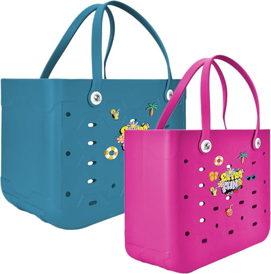 2-Piece Tote Bag Set, Waterproof Rubber Beach Bag with Summer Pattern, Medium & Large Handbag for Pool, Beach, Boat