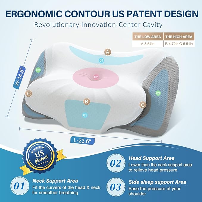 Effective Pain Relief Cervical Neck Pillow for Sleeping, Memory Foam Pillows for Neck Support, Odorless Contour Side Pillow, Ergonomic Bed Pillow for Back Stomach Sleeper (Gray)