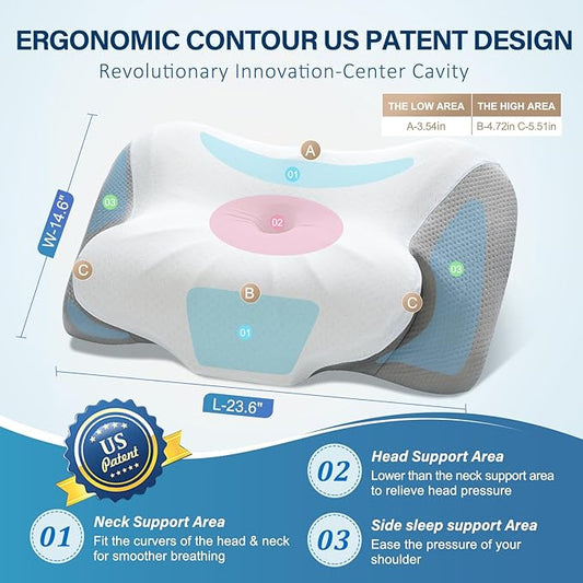Effective Pain Relief Cervical Neck Pillow for Sleeping, Memory Foam Pillows for Neck Support, Odorless Contour Side Pillow, Ergonomic Bed Pillow for Back Stomach Sleeper (Gray)
