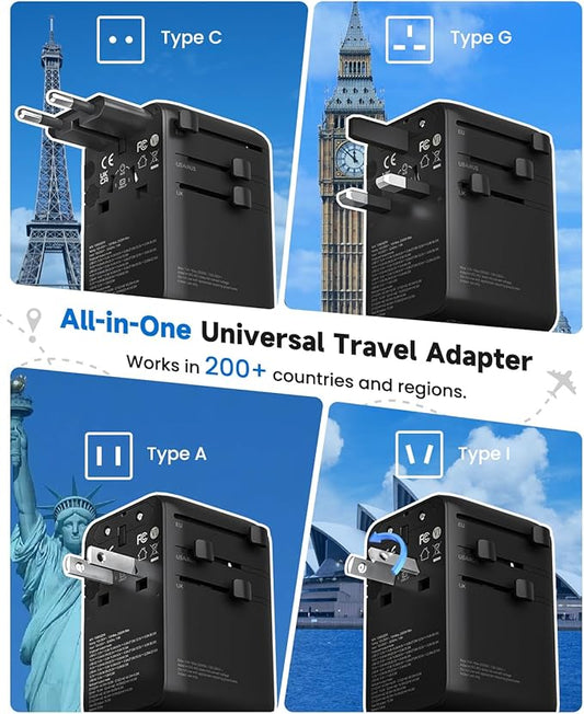 DOACE 70W Travel Adapter GaN 3.0, European Travel Plug Adapter with Built-in USB-C Cable, 6 in 1 International Power Adapter USB-C PD Fast Charging for EU/UK/USA/AUS