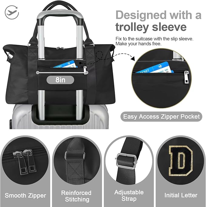 Dance Gym Duffel Bag for Teen Girls, Personalized Initial Travel Weekender Bag,Cute Overnight Carry On Duffle for Women,Sports Travel Cheer Bag,Monogram Christmas Gifts for Tween Preppy(black-D)