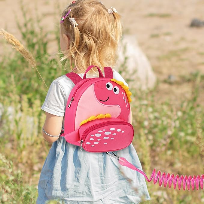 Accmor Toddler Backpack Harness with Safety Leash, Cute Dinosaur Harnesses with Kids Anti Lost Wrist Link, Mini Child Schoolbag with Wristband Tether Strap and Protection Leashes for Baby Girls (Pink)