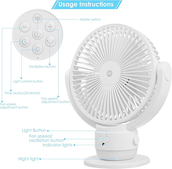 OGZ Portable Fan for Travel Wireless with Remote Timer, 7 Inch Small Desk Fan with LED Night Light 90° Oscillation, Rechargeable USB Fan for Cruise Bed Beside Sleeping Camping Tent