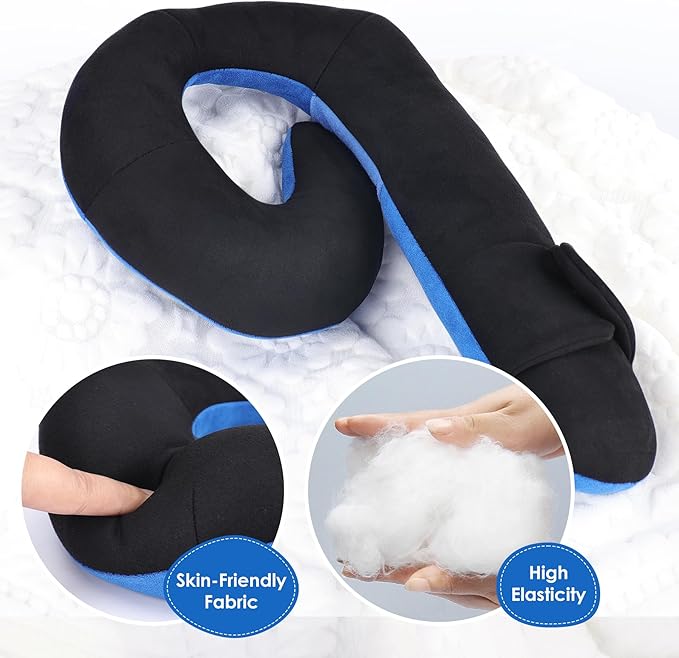 Kids Travel Neck Pillow, Comfortable Head & Chin Support for Car seat & Airplane, Toddler Pillow for Sleeping on Road Trip, Gifts for Child (Black & Light Blue)