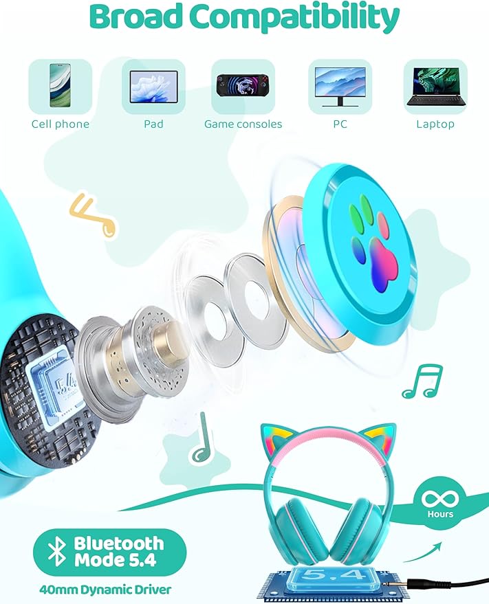 MIDOLA Kids Headphones Cat Ear Wireless Bluetooth 5.3 60H Over Ear, 8H with Led Light Foldable Music Gaming Headset with Aux 3.5mm Mic for Travel Pad Tablet Cyan