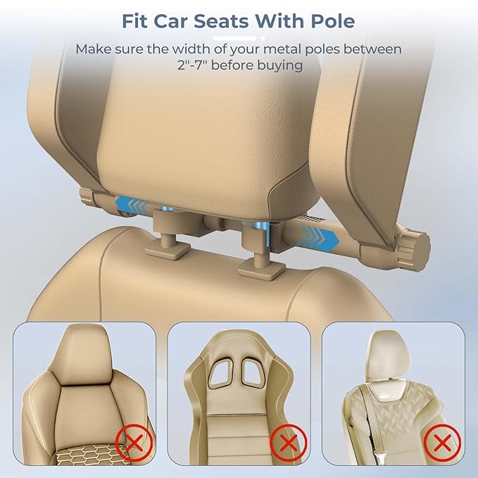 Yoocaa Adjustable Car Headrest Pillow, Road Pal Headrest, U-Shaped Travel Sleeping Pillow for Kids & Adults, Head Neck Support Only Suitable for Car Seat Headrest with Poles, Khaki