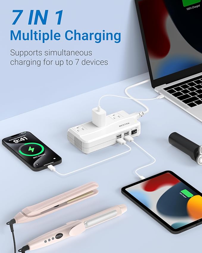 BESTEK Universal Travel Adapter 100-220V to 110V Voltage Converter 250W with 6A 4-Port USB Charging 3 AC Sockets and EU/UK/AU/US/India Worldwide Plug Adapter (White)