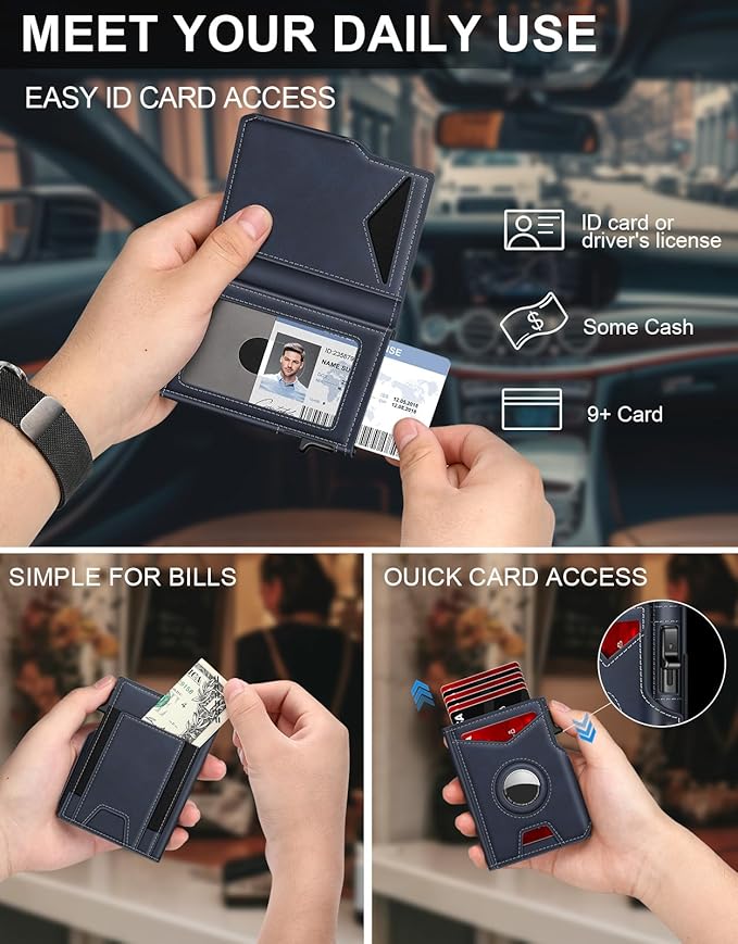 Airtag Wallet for Men, Minimalist Slim Mens Wallet Smart Pop Up Credit Card Holder for 9-13 Cards, RFID Blocking Wallet with ID Window & Cash Slot, Compact Bifold Metal Aluminum Card Case