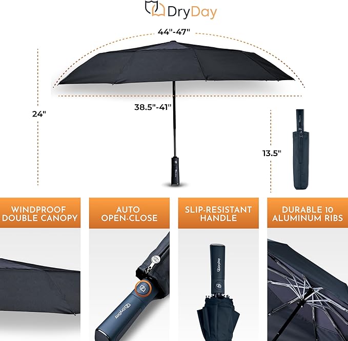 DryDay Premium Umbrellas for Rain, Large Windproof Double Canopy Umbrella, 10 Aluminum Ribs, Sturdy Frame, Auto Open Close Unique Handle, Windproof & Waterproof Umbrella for Women & Men