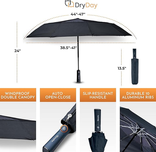 DryDay Premium Umbrellas for Rain, Large Windproof Double Canopy Umbrella, 10 Aluminum Ribs, Sturdy Frame, Auto Open Close Unique Handle, Windproof & Waterproof Umbrella for Women & Men