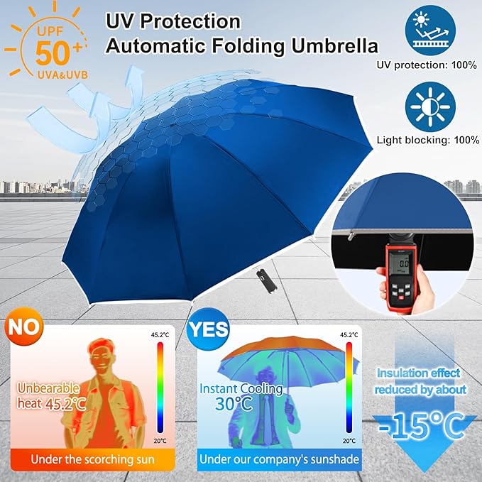 Travel Umbrella for Rain, Automatic Folding Windproof Umbrella with Case - Compact Reverse with 360° Reflective Stripe, Light & Portable Durable for Women & Men