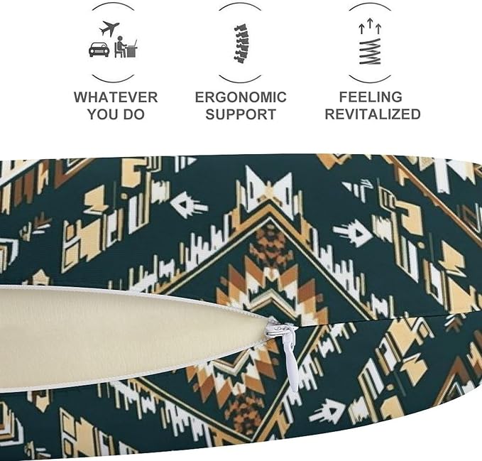 Unisex Travel Neck Pillow Memory Foam U Shaped Cushion Ethnic Indiana Southwest Western Tribal Aztec Green, Washable Cover for Men Women Airplane Car Home Rest