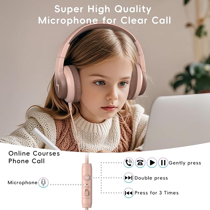 Kids Headphones, Wired Headphones for Kids Over Ear with Microphone, 85/94dB Volume Limiter Headphone for Girls Boys, Foldable Headphone for Learning & Entertainment, Gradient Brown